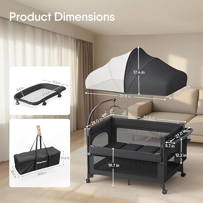 4 in 1 Baby Bassinet, Pack and Play, Bedside Crib Sleeper, Diaper Changer, Quickly Assembled and Folded Portable Crib with Mattress and Mosquito Net, Easy to Carry