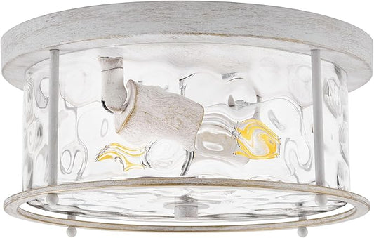 LamQee Flush Mount Ceiling Light with Clear Hammered Glass, Industrial 2-Lights Farmhouse Close to Ceiling Light Fixtures Round Low Profile for Kitchen Hallway Foyer Entrance Bedroom Rustic White