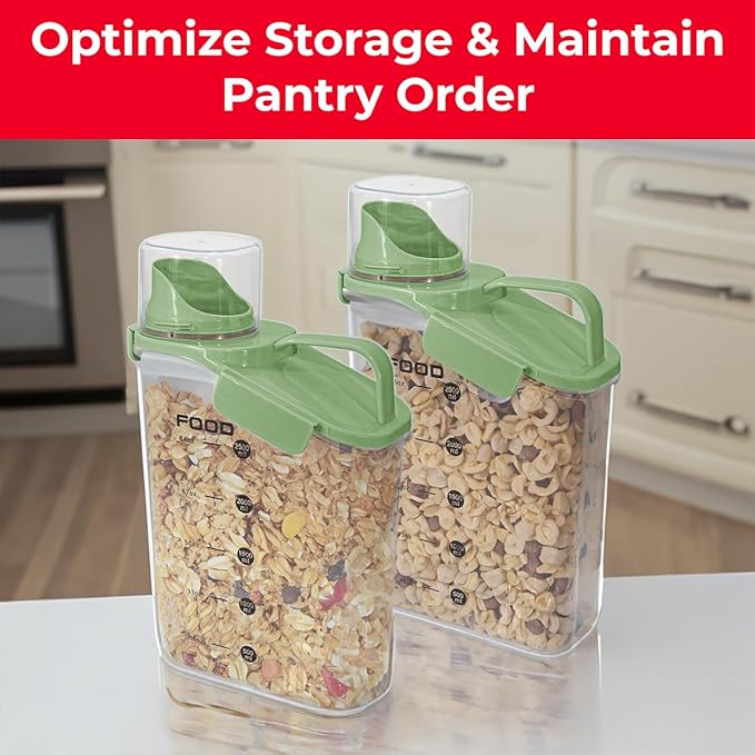 Two Pack Food & Cereal Storage Container - 2.6L Airtight Plastic Kitchen Organizer Bin with Pouring Spout, Measuring Cup Lid, Ideal for Dry Food, Rice, Sugar, Pet Food dispenser - BPA free (Green)