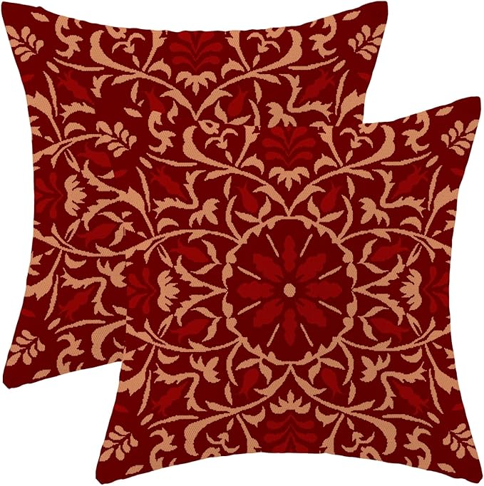 Boho Pillow Covers 18x18 Set of 2, Christmas Burgundy Red Bohemian Floral Decorative Throw Pillows Linen Blue Print Farmhouse Cushion Pillow Covers for Sofa Couch Outdoor
