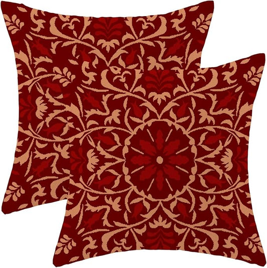Boho Pillow Covers 18x18 Set of 2, Christmas Burgundy Red Bohemian Floral Decorative Throw Pillows Linen Blue Print Farmhouse Cushion Pillow Covers for Sofa Couch Outdoor