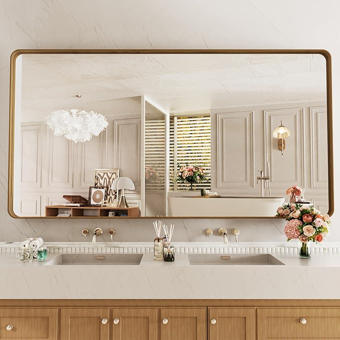 LOAAO 84X32 Inch Bathroom Mirror with Wood Grain Colored Metal Frame, Rounded Rectangle Metal Framed Bathroom Mirror, Anti-Rust, Hangs Horizontally or Vertically, Tempered Glass