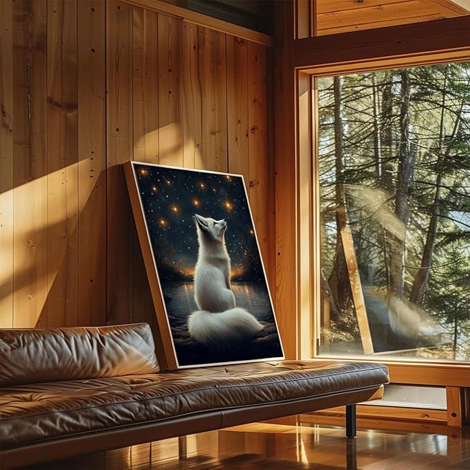 Djmwtb Framed Vintage Wall Art, White Fox Wall Decor,Starry Night Landscape Paintings for Bedroom, Woodland Animal Canvas Pictures Artwork Prints for Living Room 16x24in