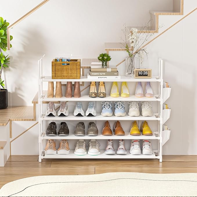 5 Tier Shoe Organizer, 33.3in Wide x 11.2in Deep x 35.6in Tall, Black Metal and Plastic Shoe Rack with Side Bag, Holds 20-25 Pairs of Shoes