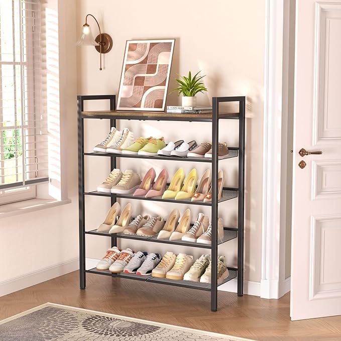 Shoe Rack for Front Door Entrance, 5 Tier Shoe Rack for Entryway, 16-20 Pairs of Shoes, Metal Shoe Rack Organizer, Free Standing Shoe Rack for Closet (Black+Rustic Brown)