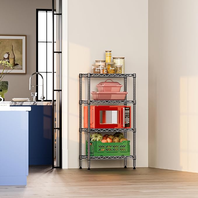 IZEUK 4 Tier Steel Storage Shelves, Heavy Duty Metal Shelf Wire Shelving Rack for Pantry, Kitchen, Living Room, or Office Organization (11.8" D x 21.7" W x 39.5" H, 1000LBS, Black)