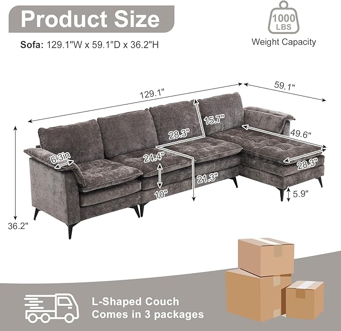 VINGLI 129” Oversized L-Shaped Cloud Sectional Sofa, Memory Foam Couch with Reversible Chaise Lounge, Comfy Couch with Double-Layer Deep Seat Cushions, Modern Sofa for Living Room, Chenille, Grey