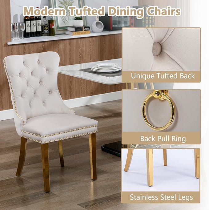 Goujxcy 3 Piece Round Glass Dining Table Set for 2, 36" Round Dining Table & Chair Set Modern Circle Glass Kitchen Table and 2 Velvet Upholstered Chairs for Kitchen Dining (Gold Table & Beige Chair)