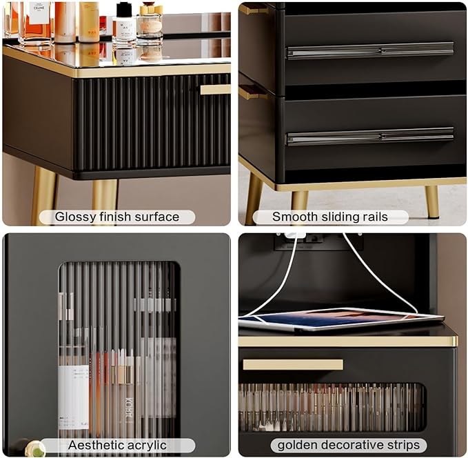 47.24" Big Modern Vanity Desk with Mirror and Lights, Vanity Desk with 29.53" HD Lighted Mirror, Makeup Vanity with 5 Drawers and Storage Shelves and Charging Station, Black2