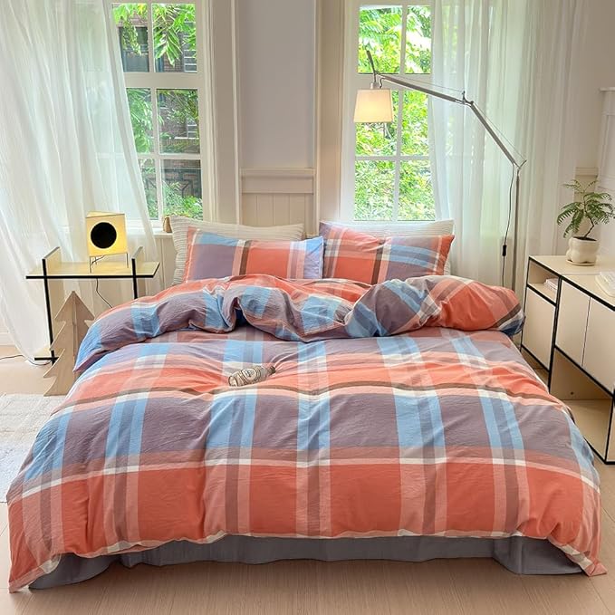 FACE TWO FACE Bedding Duvet Cover Set100% Washed Cotton Duvet Cover Linen Like Textured Breathable Durable Soft Comfy (Queen, Time Blue)