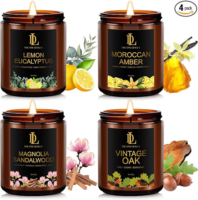 Scented Candle Set, 4 Pack Soy Candles for Home Scented, 200 Hour Burn Time, Candle Gifts for Women Men, Scents of Lemon Eucalyptus/Moroccan Amber/Magnolia & Sandalwood/Vintage Oak