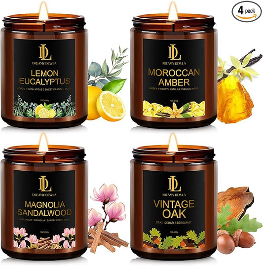 Scented Candle Set, 4 Pack Soy Candles for Home Scented, 200 Hour Burn Time, Candle Gifts for Women Men, Scents of Lemon Eucalyptus/Moroccan Amber/Magnolia & Sandalwood/Vintage Oak