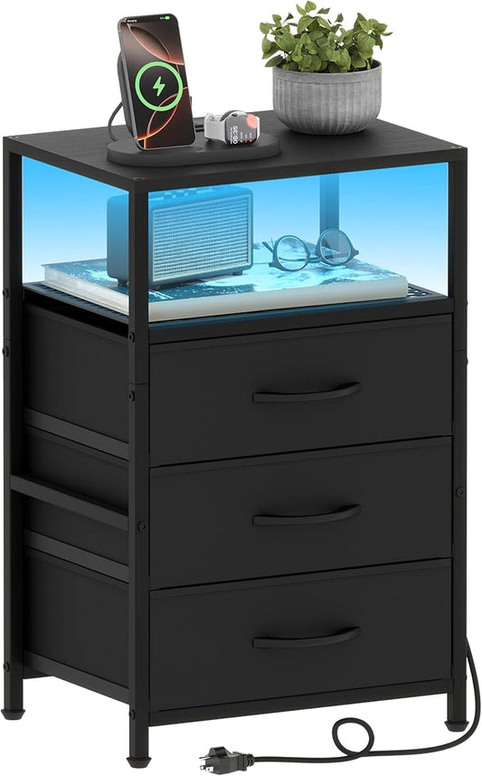 End Table with Charging Station, 11" D x 15" W Night Stand with LED Light, Nightstand with Fabric Drawers, Bedside Table with Open Shelf, Side Table for Bedroom, Living Room, Black