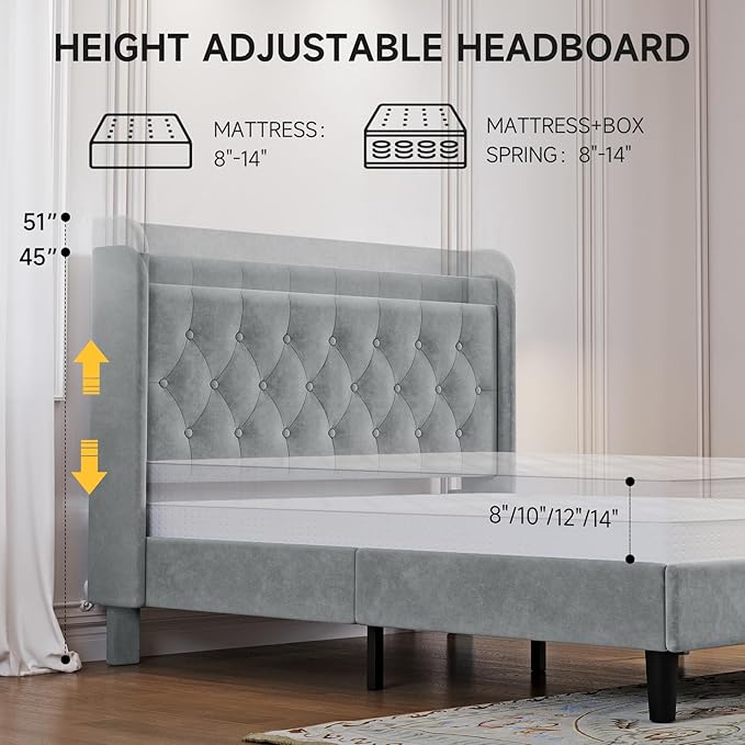 koorlian Queen Bed Frame with Headboard, Adjustable Velvet Upholstered Bed Frame with Type-C&USB Ports, Wingback Storage Headboard, Solid Wood Slats Support, No Box Spring Needed, Light Gray