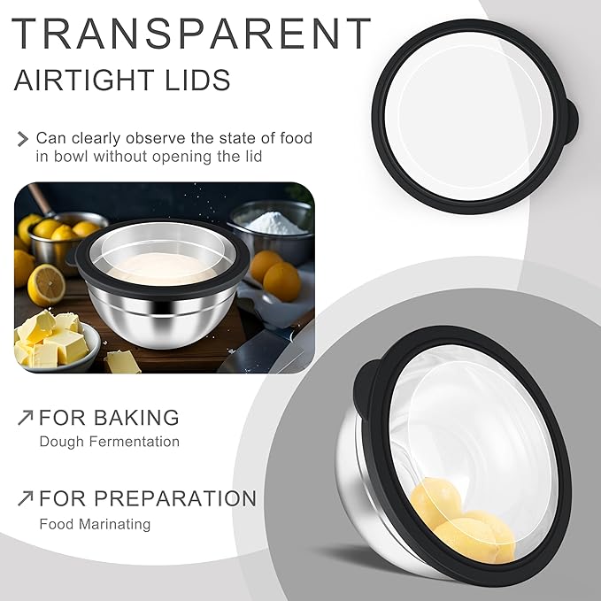 HaWare Mixing Bowls with Airtight Clear Lids, 6-Piece Stainless Steel Strong Nesting Bowls Set, Metal Salad Bowl for Cooking, Prepping, Baking, Serving & Food Storage, Size 4.6, 3, 1.5QT, Black