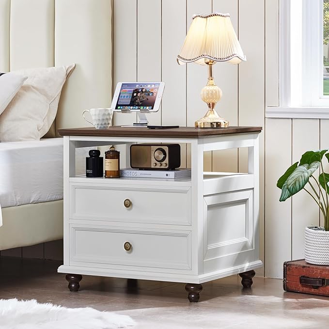 24" Wide Farmhouse Night Stand Set of 2,Large End Table with 2 Drawers & Metal Handle,White Wood Dresser for Bedroom, Bed Side Table Chest of Drawers Cabinet, Nightstand for Living Room,Closet