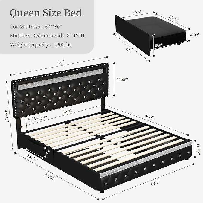 Queen Led Bed Frame with 2 Drawers, Heavy Duty Upholstered Platform Bed Frames Queen Size with Storage and Adjustable Crystal Button Tufted Headboard, No Box Spring Needed, Easy Assembly, PU Black