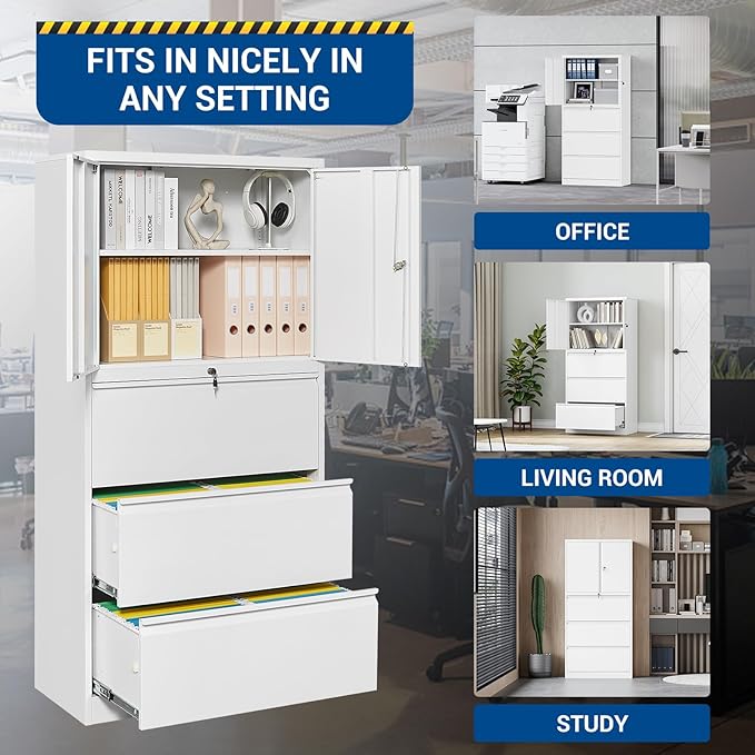 3 Drawers Metal Lateral File Cabinet with Lockable Drawer and Dorrs - White Large Steel Filing Cabinet for Home Office Hanging Files Letter/Legal/F4/A4 Size