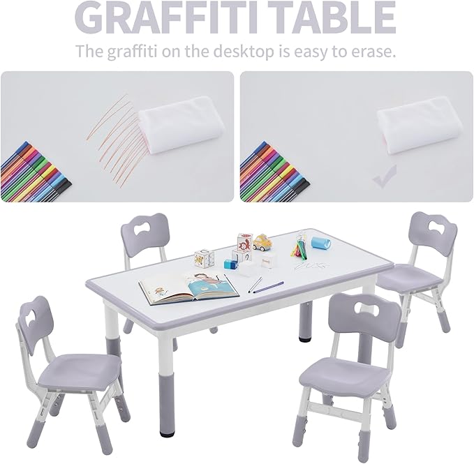 Toddler Table and Chairs Set for 4, 47.2''L x 23.6''W Kids Study Table and Chair Set, Height-Adjustable, Graffiti Desktop, Children Activity Table for Daycare, Classroom, Home