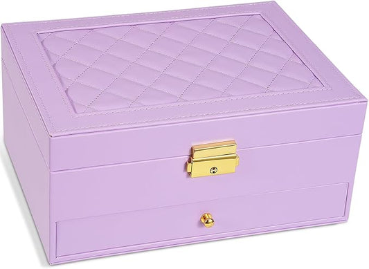 2-Layer Jewelry Box for Women Girls, Jewelry Organizers and Storage with Removable Jewelry Tray, Vintage Quilted Top Lockable Jewelry Holder Gift Idea Light Purple