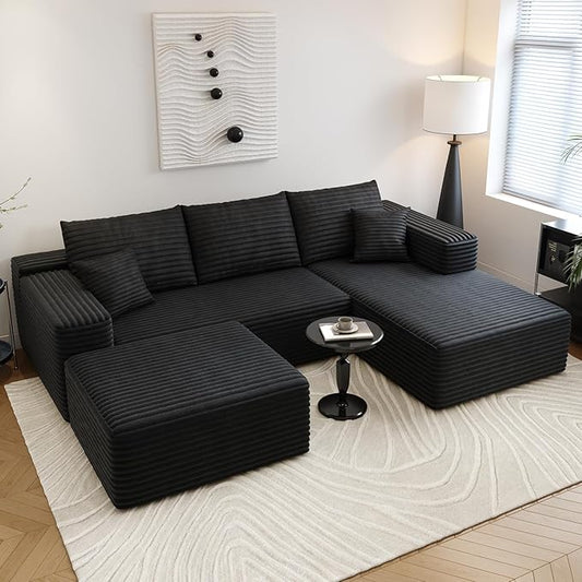 107.5" Cloud Sectional Couch with 1 Ottoman,Modern Modular Sofa with Deep Seat, Comfort U Shaped Sofa Couches for Living Room Bedroom Apartments,No Assembly Required, (Black,Right Facing Chaise)
