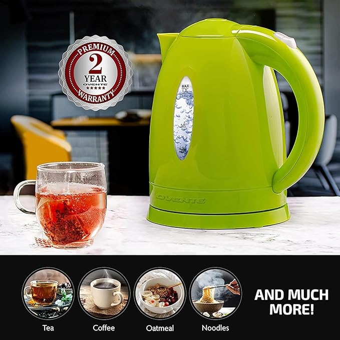 OVENTE Electric Kettle, 1.7L Fast Boiling Water Heater for Coffee or Tea, BPA Free with Water Level Gauge, Auto Shut-Off, Boil-Dry Protection, Indicator Light and Removable Filter, Green KP72G