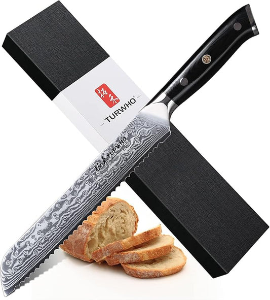 Professional serrated Bread Knife 8 Inch - Classic Damascus pattern Japanese VG-10 Steel Kitchen Knives