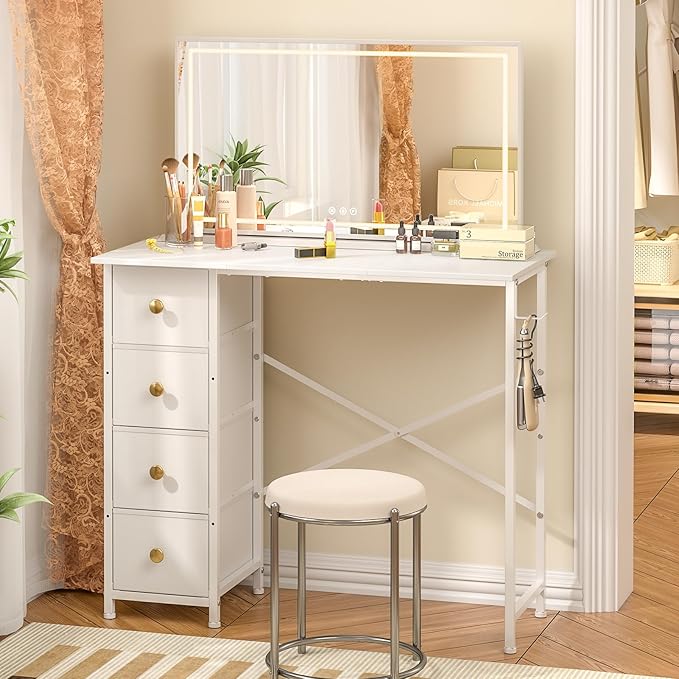 Vanity Desk No Mirror, Small Makeup Vanity with 4 Fabric Drawers, White Dressing Table for Small Spaces, 35.4 Inches Girls Makeup Table Bedroom