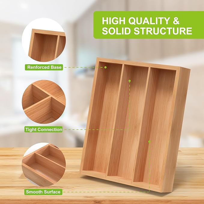 Bamboo Utensil Drawer Organizer, Silverware Tray Organizer, Kitchen Drawer Organizer for Flatware Cutlery, (Natural, 3 Slots)