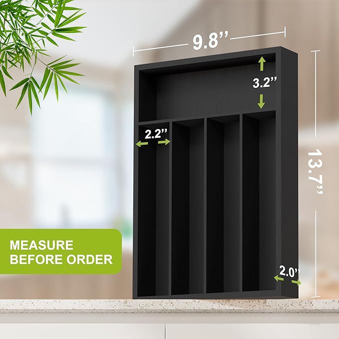 Bamboo Kitchen Drawer Organizer - silverware organizer - Cutlery Tray - Utensil Tray - drawer dividers and Utensil Holder with Wood Silverware Holder for Flatware Cutlery (5 Slots, Black)