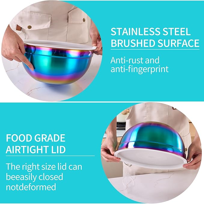6 Piece Rainbow Mixing Bowls with Lids for Kitchen, Stainless Steel Mixing Bowls Set Ideal for Baking, Prepping, Cooking and Serving Food, Nesting Metal Mixing Bowls for Space Saving Storage