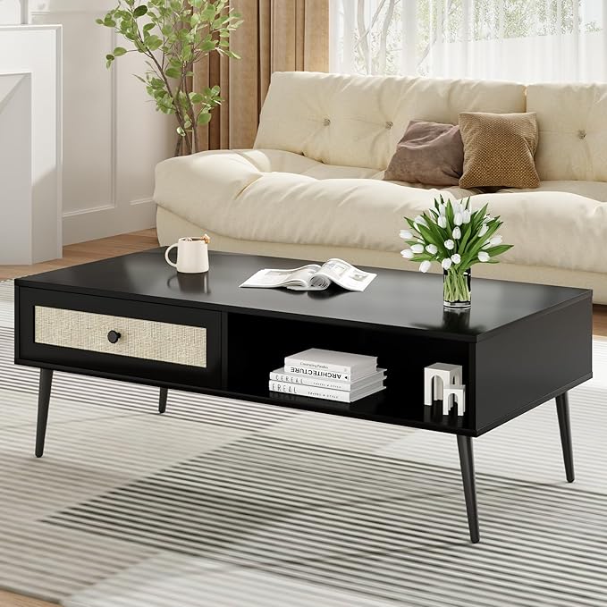 Farini Mid-Century Modern Coffee Table, 47 Inch Rectangle Console Table with Drawer & Shelf, Wooden Coffee Table for Living Room, Office, Black