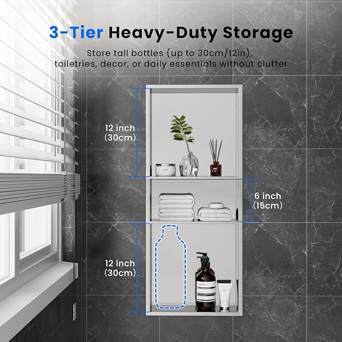 POPFLY No Drill Brushed Nickel Shower Niche 12"x30", Stainless Steel Recessed 3-Layer Shelf - No Tile Needed Waterproof Bathroom Wall Niche Insert Storage Organizer