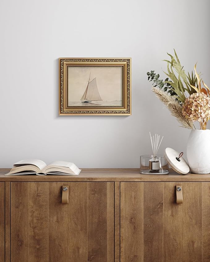 VIYYIEA Gold Framed Wall Art, White Sailboat Canvas Print Home Decor Vintage Art Painting Picture Bathroom Wall Decor, Sketch Artwork for Living Room Bedroom Kitchen Office - 10L x 8W