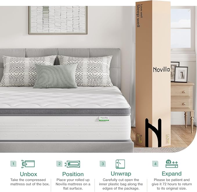 Novilla Queen Mattress in a Box, Queen Size Mattress 10 Inch,Pocket Innerspring with Foam Layer for Motion Isolation & Pressure Relief,Medium Firm Feel,CertiPUR-US