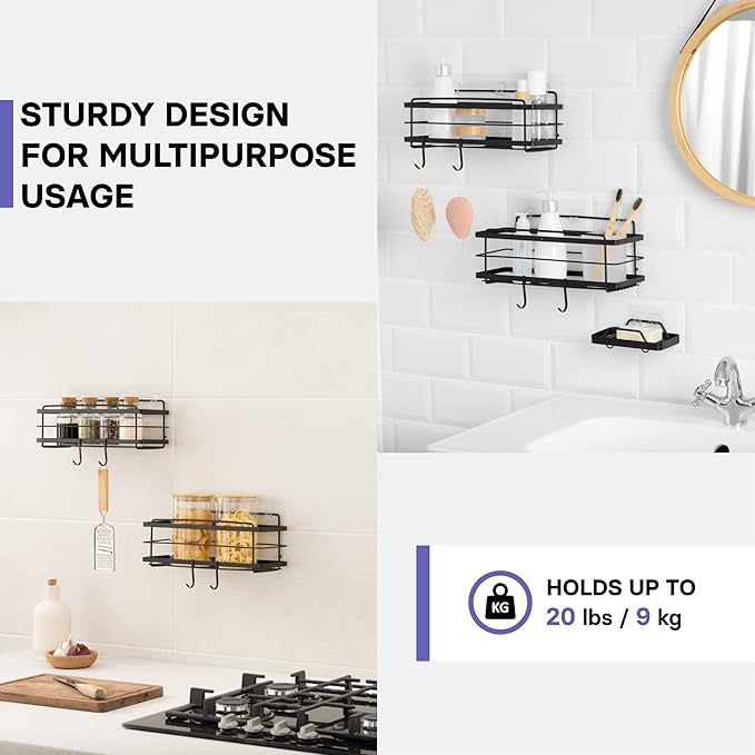 KINCMAX Premium Shower Caddy with Soap Holder, 2-Pack Adhesive Shower Organizer, No Drill Bathroom Shelves, Rustproof Stainless Steel Shelves for Inside, Shower Storage Rack, Matte Black