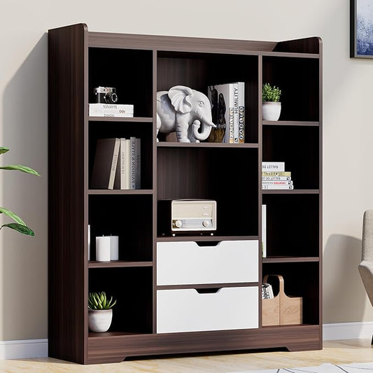 Cozy Castle Kids Bookshelf with Storage, Toy Storage Organizer with 2 Drawers and 10 Cubes 4-Tier Bookcase for Bedroom, Playroom, Hallway, Living Room(Brown & White)