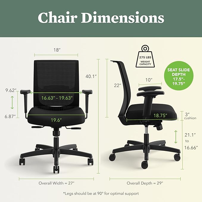 HON Convergence Ergonomic Office Chair, Breathable Back Support Mesh, Adjustable Arms, Computer Seating with Lumbar Support, Swivel Wheels, Synchro-Tilt Recline, Vinyl, Black
