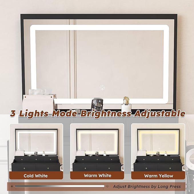 Ball & Cast Vanity Desk with Large Mirror & Power Outlet,3 Dimmable Colors Light Makeup Vanity Table Set with 5 Drawers & Chair,Adjustable Brightness Dressing Table for Women Girls Bedroom,Black