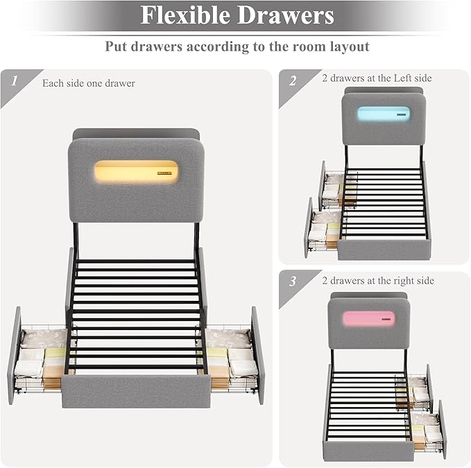 HOSTACK Twin LED Bed Frame with Storage Headboard and Charging Station, Boys Bed Frame with 2 Drawers and USB Ports, Velvet Upholstered Platform Bed Frame with Bookcase, No Box Spring Needed, Grey
