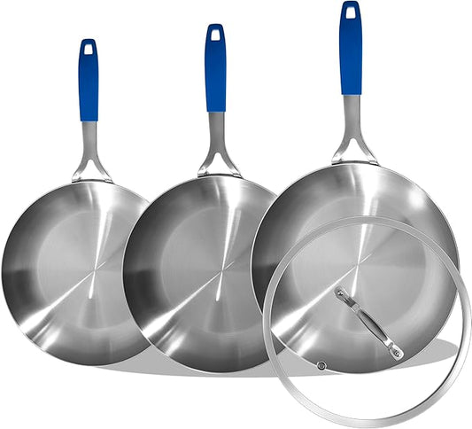 Inqibee 8.5-10-12 Inch Tri-Ply Stainless Steel Frying Pan Set with Lid,Skillets,Induction Cooking Pans,Pots and Pans Set,Dishwasher and Oven Safe,Detachable Handle.