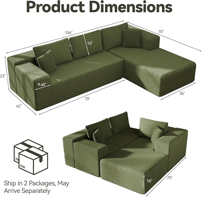 Cloud Wool Modular Sectional Sofa with Chaise, 106" L-Shaped Sofa Couch for Living Room, Deep Seat Plush Boneless Couches, Includes Pillows, Left Chaise, Green