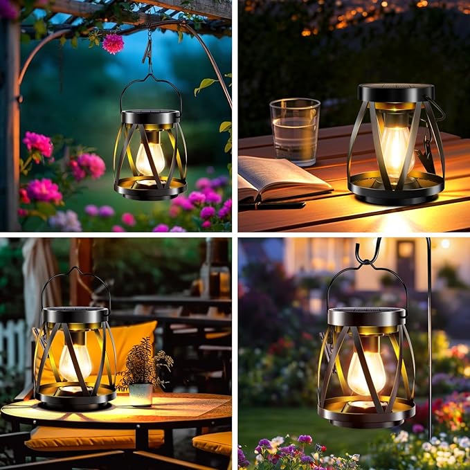 GARPAR Solar Lanterns Lights Outdoor Waterproof, 4 Pack Upgraded Metal Outdoor Lantern, Brighter Auto On/Off 18H Hanging Solar Lights for Outside Garden Yard Patio Porch Decor, Gift for Mom