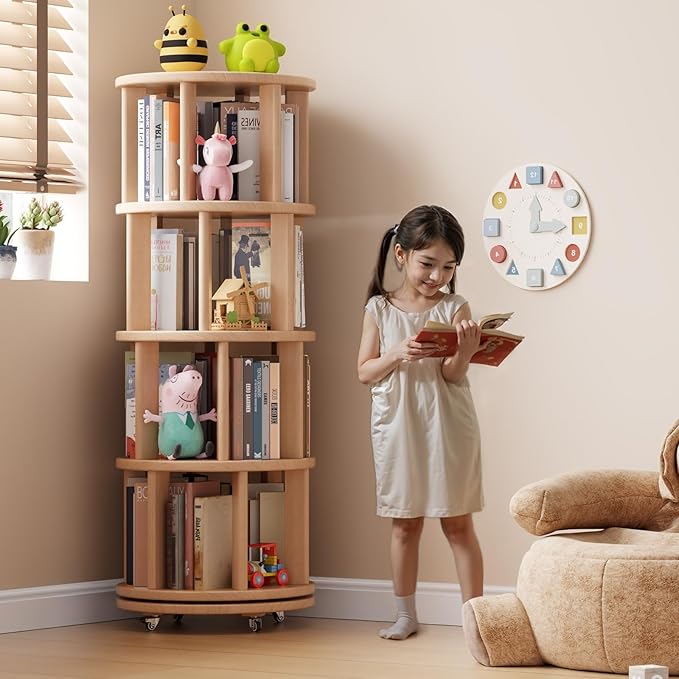 Solid Wood Rotating Bookshelf on Wheels, 4 Tier, Round Revolving Bookcase, 360° Spinning Book Shelf Tower for Kids, Narrow Rolling Bookshelves for Small Space, Corner, Bedroom, Office, Natural