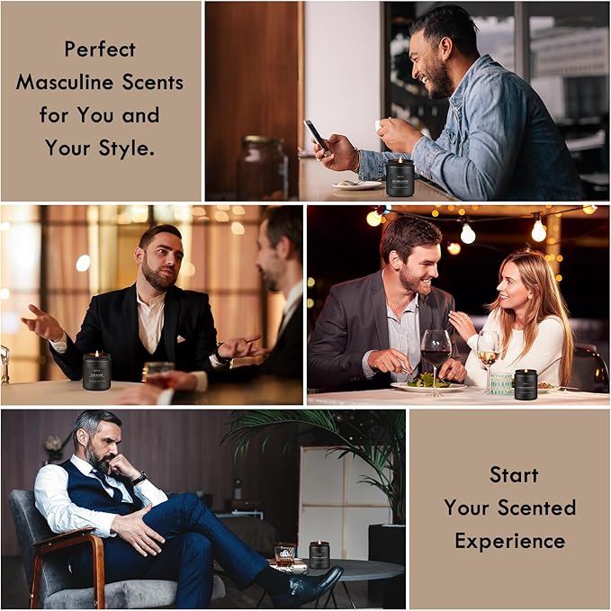 Scented Candles Set | Candle for Men, Soy Candles for Home Scented, Gifts for Men - Mens Gifts, 4 Pack Candle Gift for Dad Fathers Day (Leather/Vintage Oak/Amber Patchouli/Magnolia & Sandalwood)