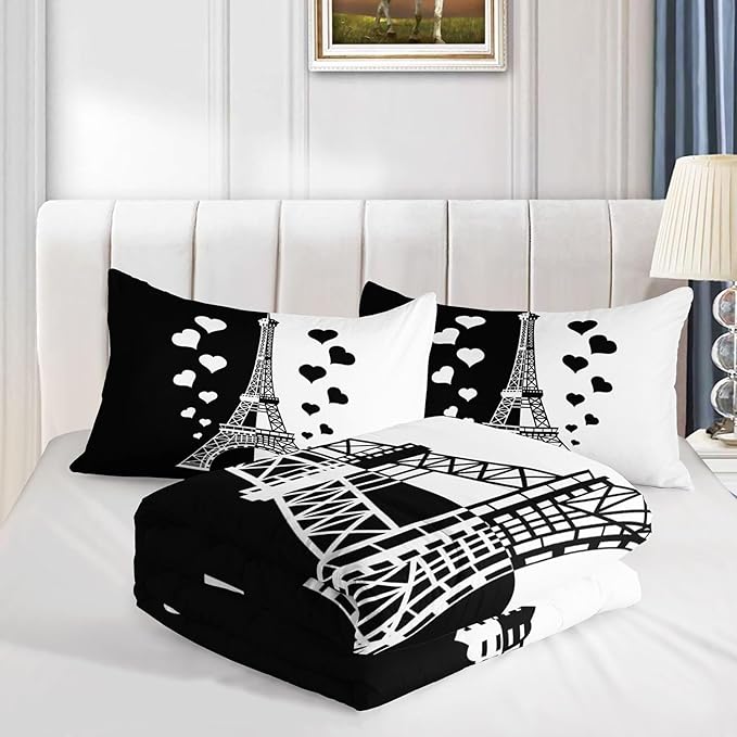 Kids Comforter Set Eiffel Tower Printed Pattern Bedding Set with 1 Comforter and 2 Pillowcases for Girls Boys Bedroom All Season(Tower1 Queen)