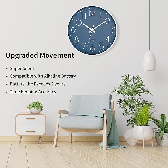 Foxtop Modern Wall Clock Silent Non Ticking Battery Operated Quartz Round Wall Clock Decor for Bedroom Kitchen Home Office School (12 Inch, Cerulean)
