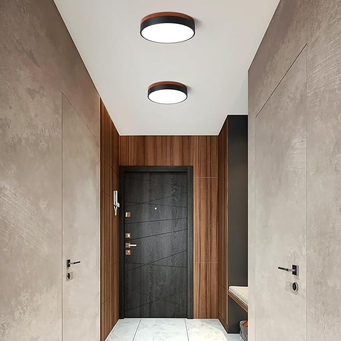 LED Ceiling Light Dimmable, Black and Wood Flush Mount Ceiling Light Fixture 5CCT in One, Minimalist Round Ceiling Lamp Modern Lighting for Kitchen, Bedroom, Hallway, Laundry Room, 11.8 Inch