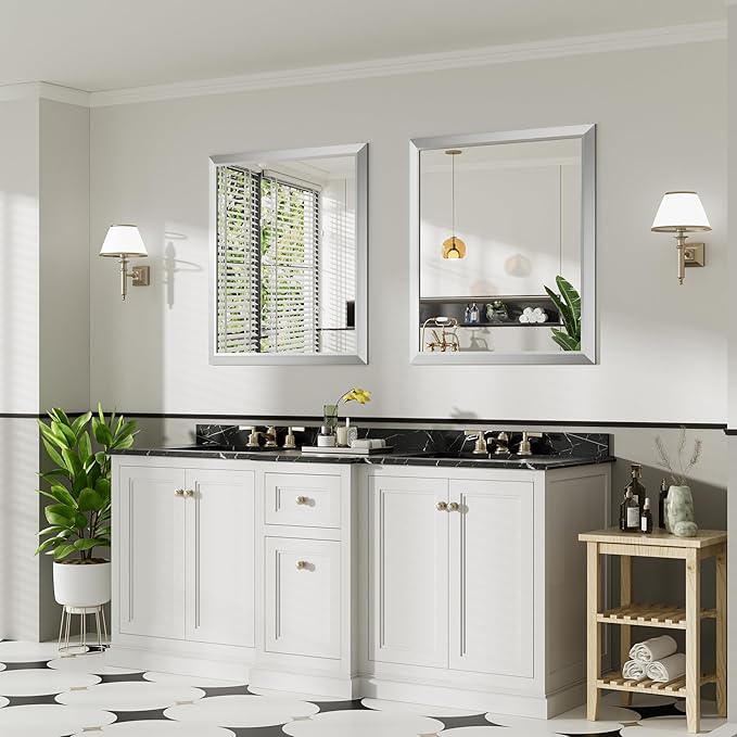 36x32 Inch Silver Bathroom Mirror for Wall, Thick Metal Framed Rectangle Mirrors for Over Sink, Bedroom, Living Room, Entryway, Anti-Rust, HD Tempered Glass