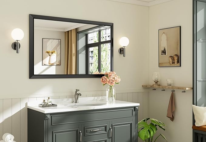 48x30 Inch Black Bathroom Mirror for Wall, Thick Metal Framed Rectangle Mirrors for Over Sink, Bedroom, Living Room, Entryway, Anti-Rust, HD Tempered Glass